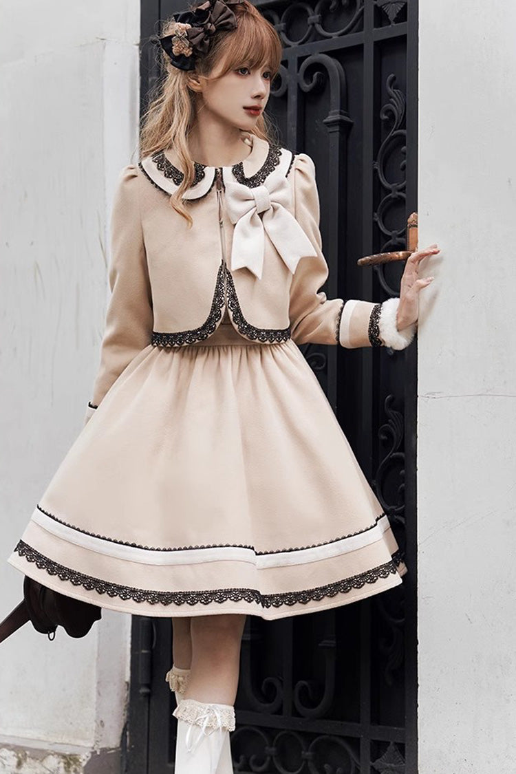 Light Tan Doll Collar Bowknot Autumn Winter Sweet College Style Lolita Dress Two Piece Set - Product - 5