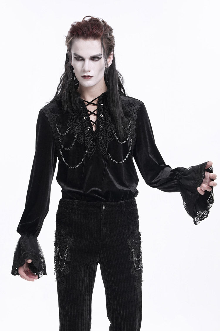 Black V Collar Long Sleeves Lace-Up Chain Men's Gothic Blouse - Product - 4