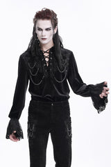 Black V Collar Long Sleeves Lace-Up Chain Men's Gothic Blouse - Product - 4