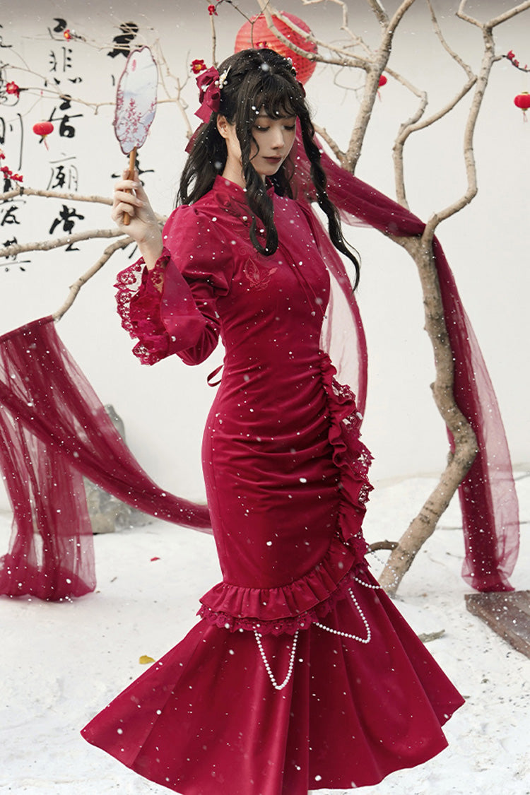 Red Long Sleeves Ruffle Embroidery Bowknot Lace Classic Chinese Style Elegant Lolita Dress - Product - 7