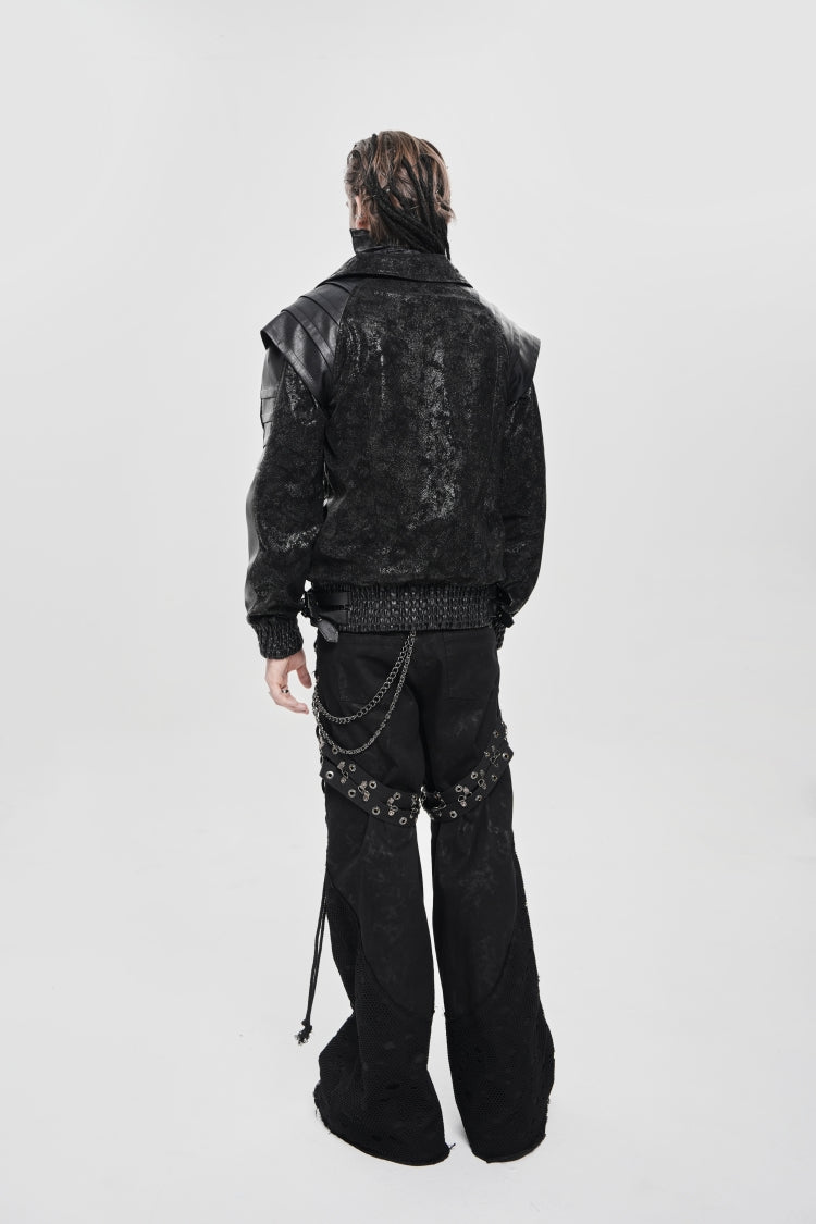 Black Faux Leather Stitching Buckle Zipper Straps Men's Punk Coat - Product - 12