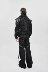 Black Faux Leather Stitching Buckle Zipper Straps Men's Punk Coat - Product - 12