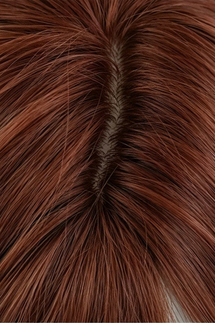 Sunset Orange Brown Natural Fluffy Medium Length Curly Sweet Lolita Wig with Side Bangs - Product - 4