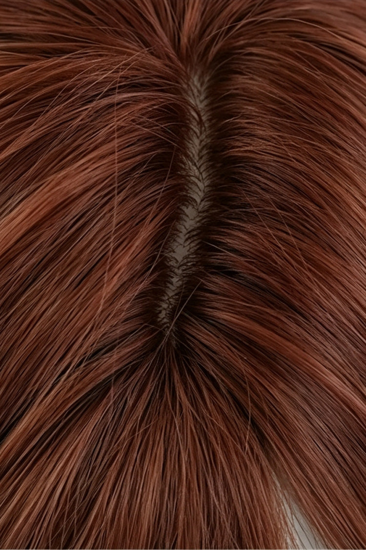 Sunset Orange Brown Natural Fluffy Medium Length Curly Sweet Lolita Wig with Side Bangs - Product - 4