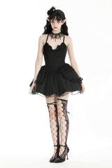 Black V Collar Sleeveless Multi-Layered Lace Trim Lace-Up Women's Gothic Party Slip Graduation Dress - Product - 6