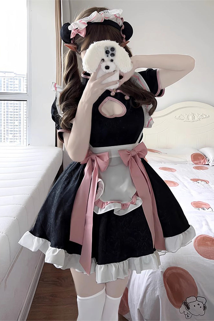 Black Short Sleeves Ruffle Love Hollow Bowknot Sweet Plus Size Chinese Style Lolita Dress Full Set - Product - 2