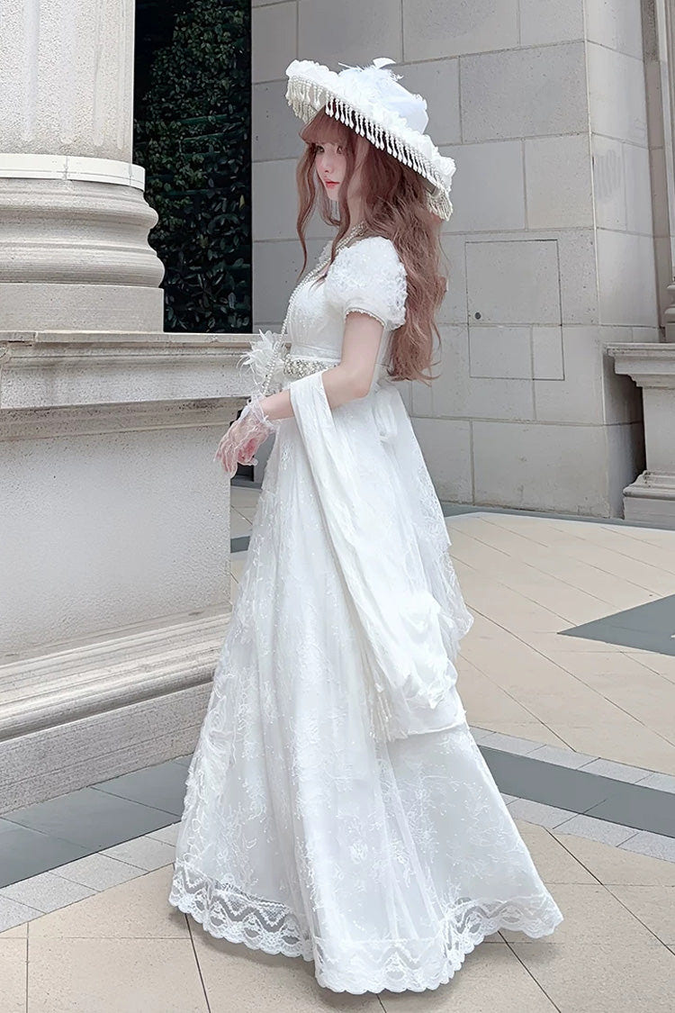 White Square Collar Short Sleeves Jacquard Wedding Style Lace Pearl Detail Vintage Elegant Luxurious Lolita Dress - Product - 8