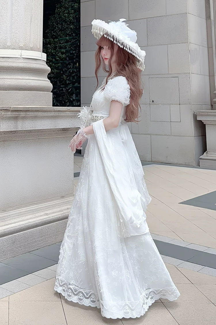 White Square Collar Short Sleeves Jacquard Wedding Style Lace Pearl Detail Vintage Elegant Luxurious Lolita Dress - Product - 8
