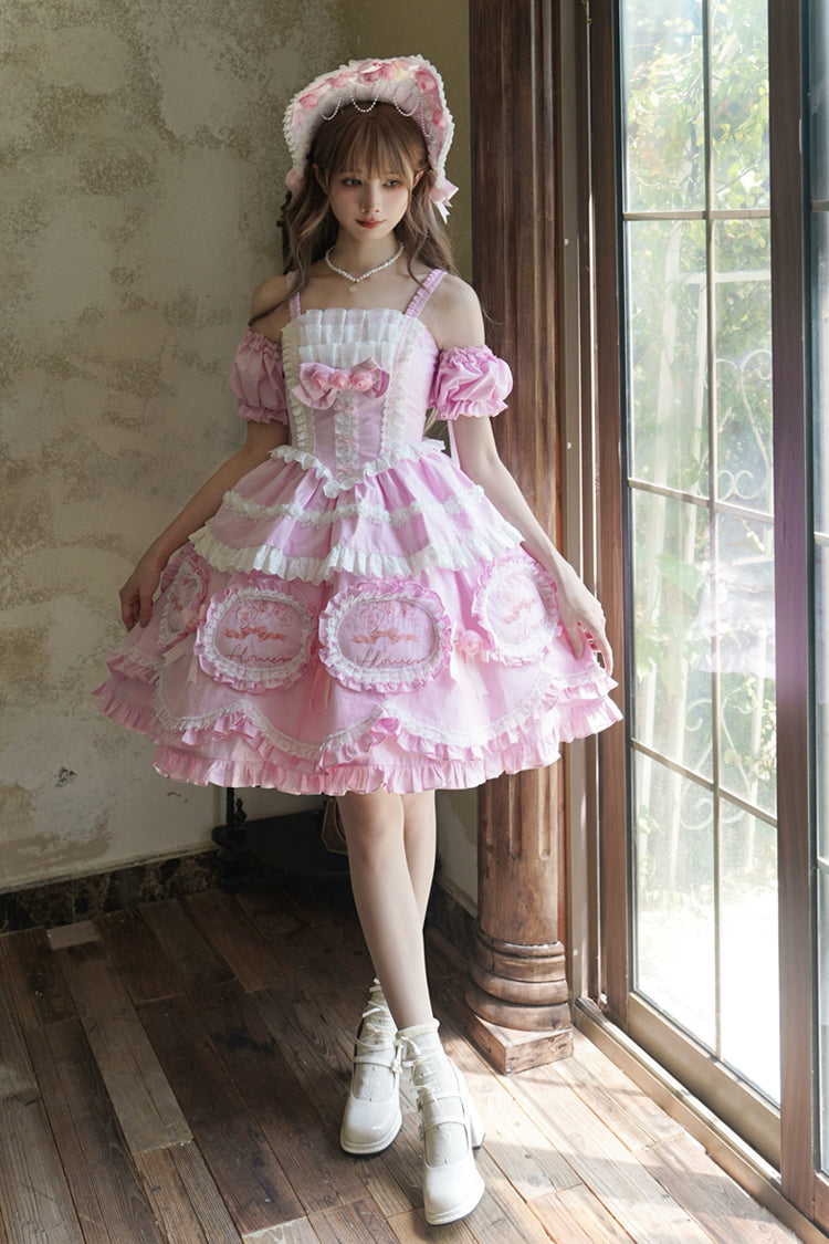 Pink [Butterfly Dream] Multi-Layered Print Ruffle Bowknot Sweet Princess Lolita Jsk Dress - Product - 8