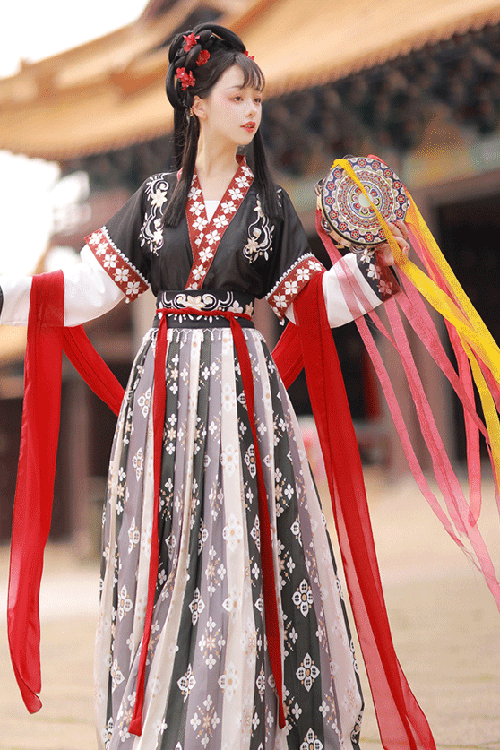 Ancient Tang Dynasty Embroidery Printing Sweet Hanfu Dress - Black - 5