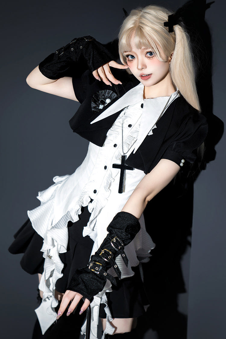 White Ruffle Irregular Clown Pointed Collar Gothic Ouji Lolita Blouse - White - 1
