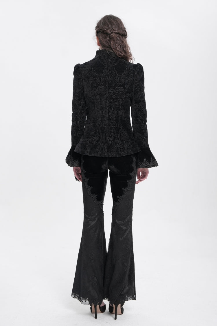 Black Stand Collar Long Trumpet Sleeves Embroidery Women's Gothic Jacket - Product - 6
