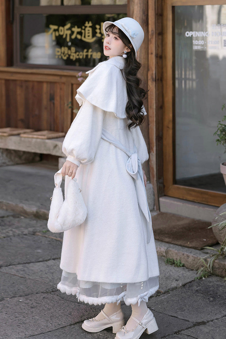 White/Blue [Sunny Sky Snow Doll] Long Sleeves Embroidered Bow Sweet Elegant Lolita Skirt Coat Set - Product - 8