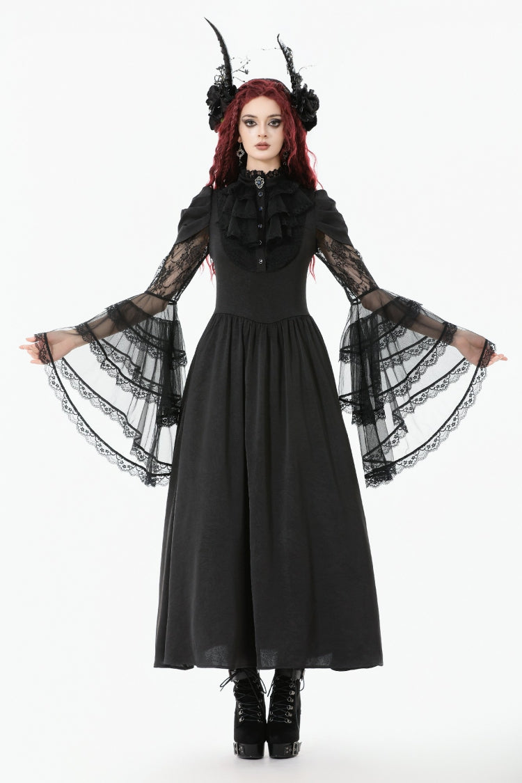 Black Stand Collar Trumpet Sleeves Multi-Layered Ruffled Lace Lace-Up Women's Gothic Wedding Dress - Black - 1