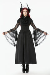 Black Stand Collar Trumpet Sleeves Multi-Layered Ruffled Lace Lace-Up Women's Gothic Wedding Dress - Black - 1
