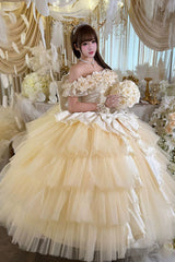 Apricot [Heart’s Beloved Rose] Sleeveless Ruffled Hanayome Bow Lace Lace-Up Sweet Lolita Jsk long Dress - Product - 4