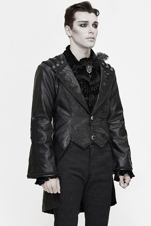 Black V Collar Wide Sleeves Swallowtail Fitted Leather Mens Gothic Coat - Product - 2