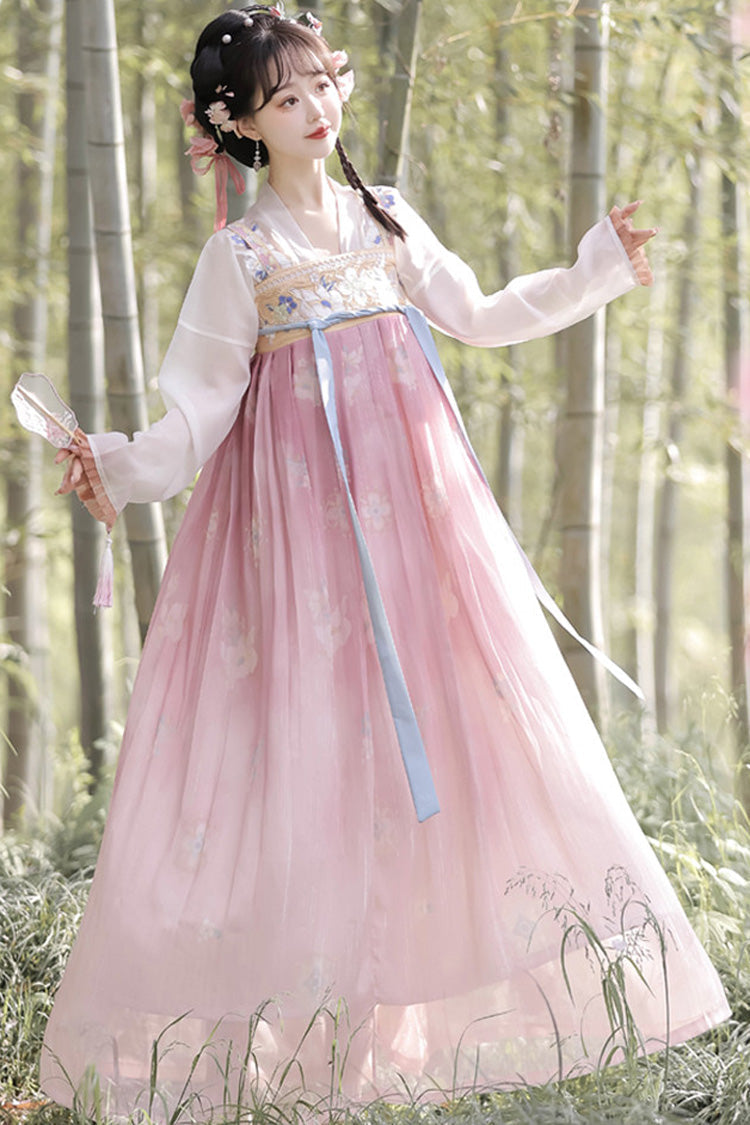 Pink Long Sleeves Tang-Style Qixiong Ruqun Printed Lace Sweet Hanfu Dress Set - Product - 3