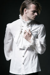 White Stand Collar Retro Button Long Lantern Sleeves Mens Gothic Blouse - Product - 2