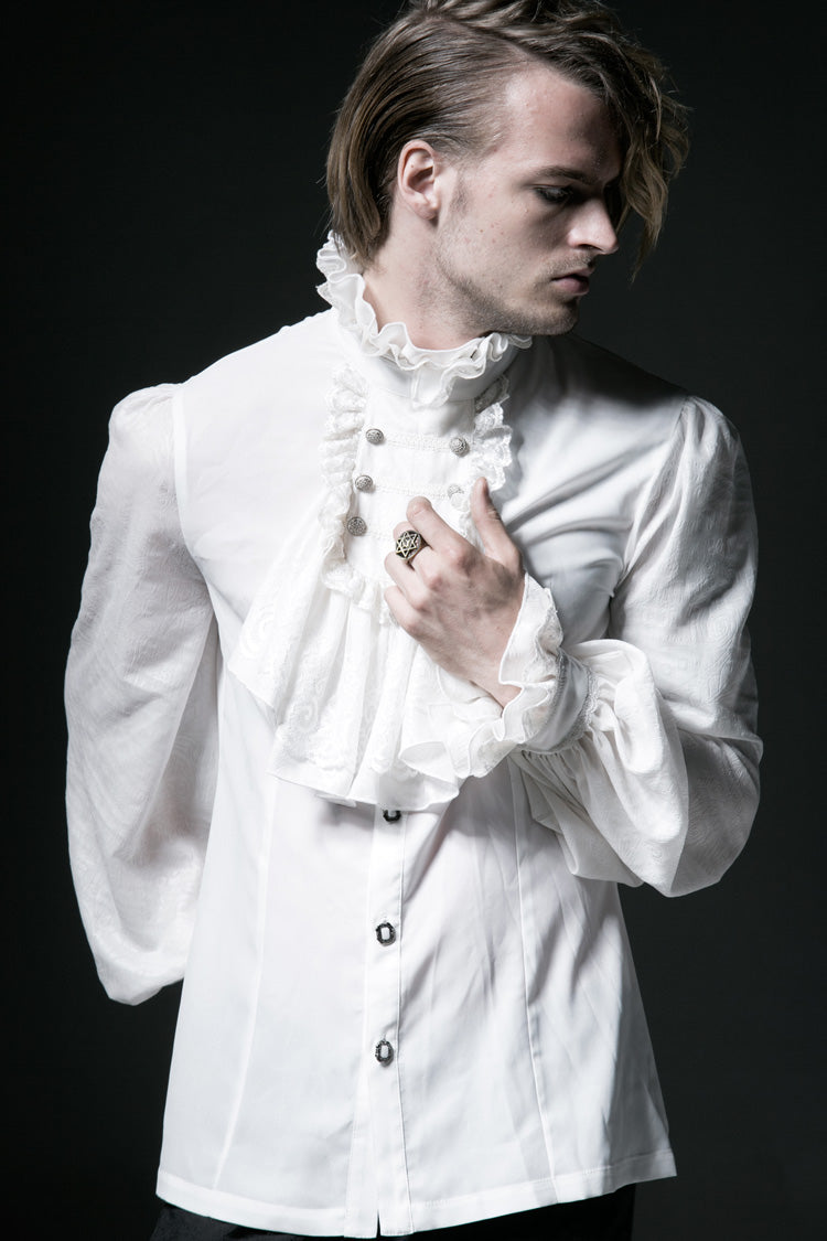 White Stand Collar Retro Button Long Lantern Sleeves Mens Gothic Blouse - Product - 2