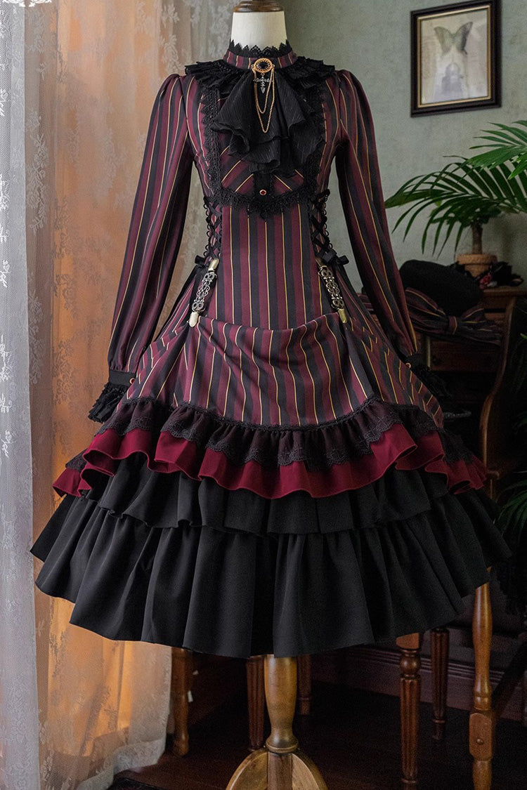 Point Manor Stand Collar Long Sleeves Multi-layer Striped Print Ruffle Gothic Lolita Dress 4 Colors - Red - 10