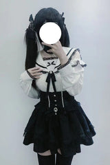 Black Ruffle Bowknot Lace Lace-Up Pearl Jirai Kei Japanese Skirt - Black - 1