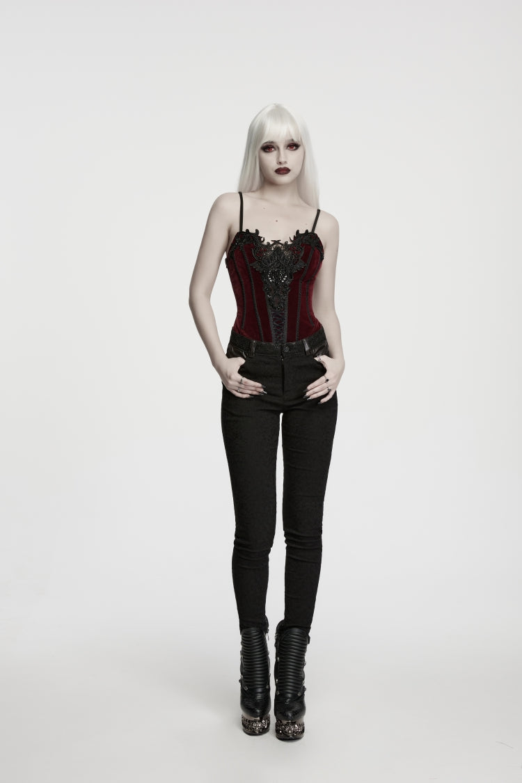 Red Lace Lace-Up Slim Fit Asymmetric Zippered Strappy Women's Gothic Balletcore Bustier Corset - Red - 1