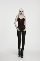 Red Lace Lace-Up Slim Fit Asymmetric Zippered Strappy Women's Gothic Balletcore Bustier Corset - Red - 1