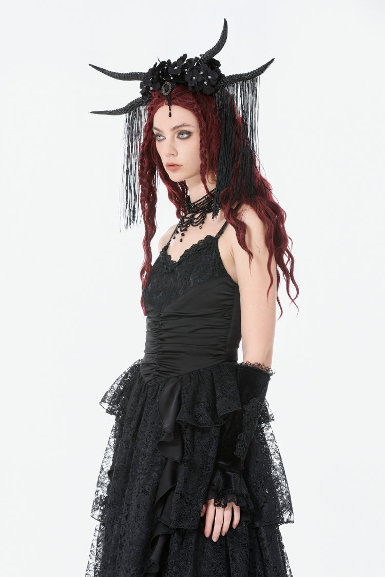 Black Sleeveless Multi-Layered Lace Ruched Women's Gothic Slip Maxi Dress Wedding Dress - Product - 6
