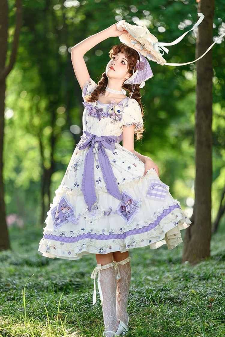 Purple/Ivory Blueberry Pie Print Short Sleeves Ruffle Bowknot Sweet Lolita Dress - Product - 8
