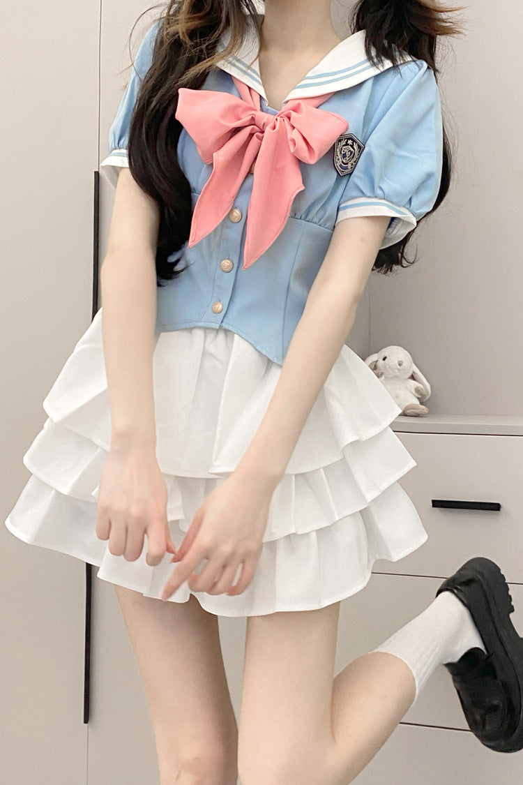 Short Sleeves Multi-layer Ruffle Bowknot Sweet College Style Japanese School Skirt Set 4 Colors - Product - 7