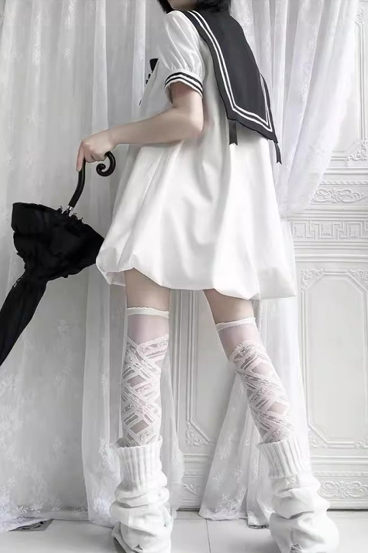 Black/White [Old Stories] Navy Collar Short Sleeves Bowknot Sweet Lolita Dress - Product - 8