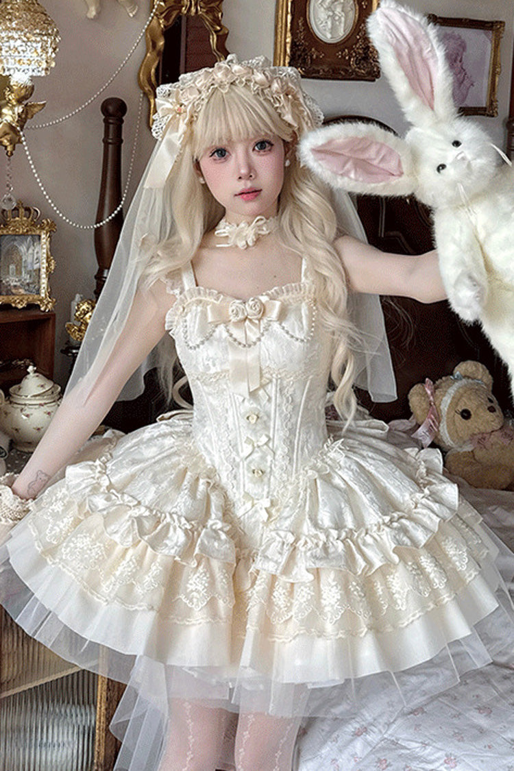 Ivory Sleeveless Multi-Layered Ruffle Bowknot Lace Lace-Up Sweet Princess Lolita Jsk Dress - Product - 3