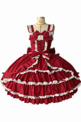 [Grisha] Sleeveless Triple-Layered Ruffle Cardigan Bowknot Lace Sweet Plus Size Lolita Jsk Dress 3 Colors - Red - 6