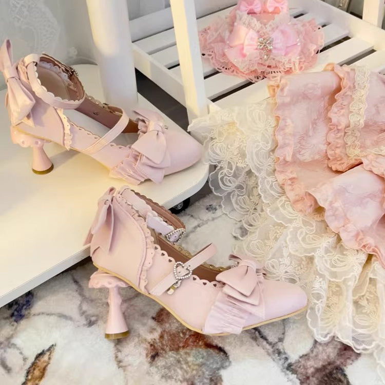 Ruffled Bow Lace Sweet Elegant Lolita Pointed Toe High Heels 4 Colors - Pink - 3