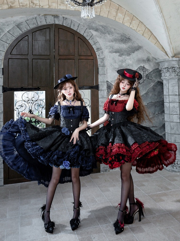 Red & Black Gothic Underbust JSK Dress and Off-Shoulder Blouse Set detail view 10