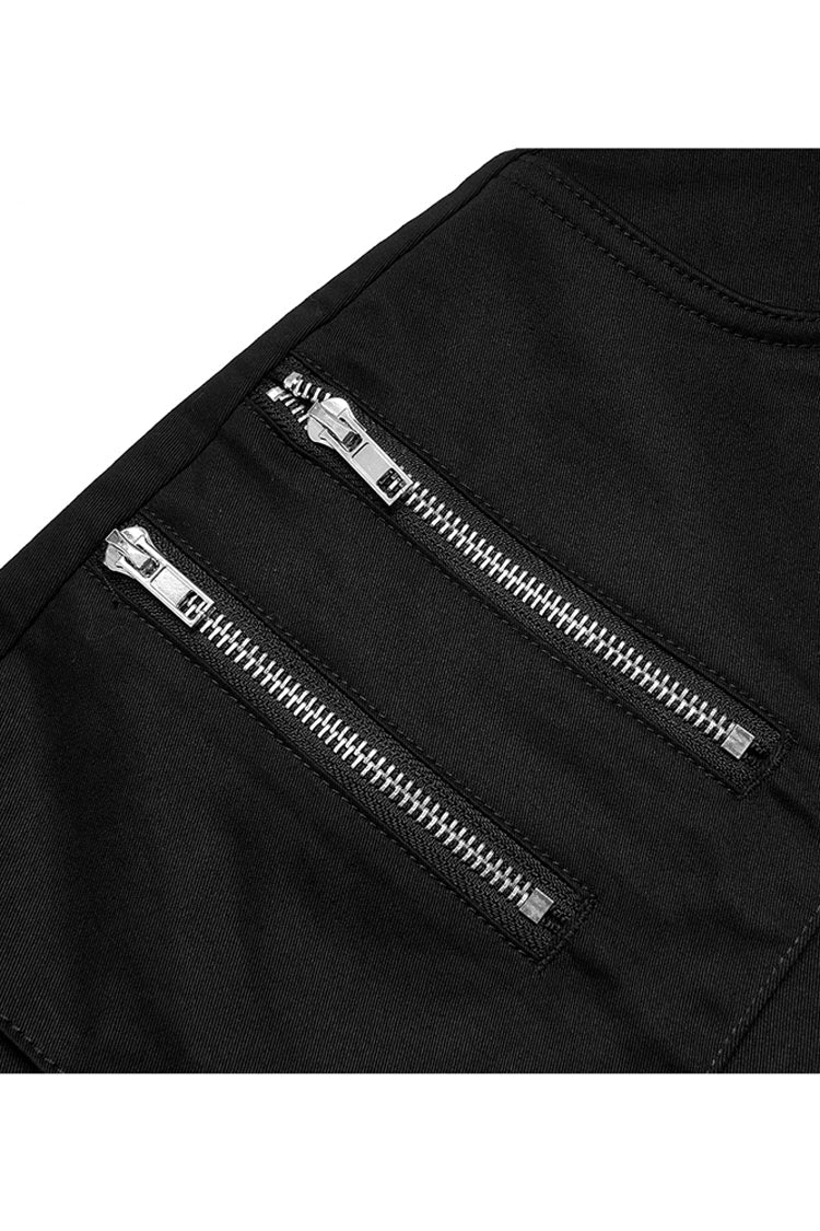 Black Heavy Industrial Hem Slit Design Multi-Pocket Zipper Trim Sexy Women's Punk Mini Skirt - Product - 9