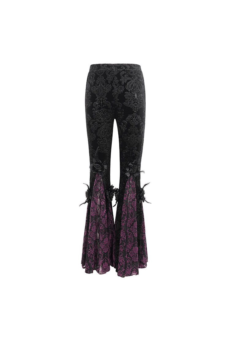 Black/Purple Printed Lace Embroidered Women's Gothic Flared Pants - Product - 8
