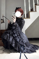 Black [Eternal Taboo] Long Hime Sleeves Ruffled Bow Gothic Lolita Skirt Dress Set - Product - 5