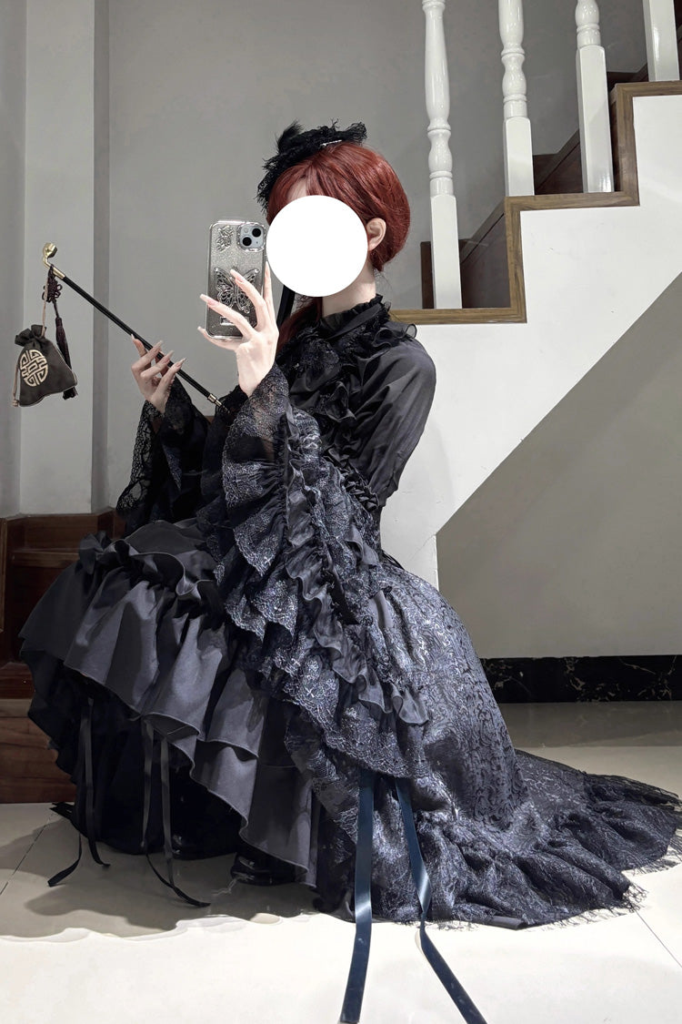 Black [Eternal Taboo] Long Hime Sleeves Ruffled Bow Gothic Lolita Skirt Dress Set - Product - 5