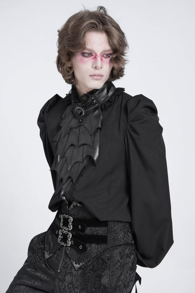 Black Stand Collar Long Puff Sleeves Men's Gothic Batlike Blouse - Product - 4