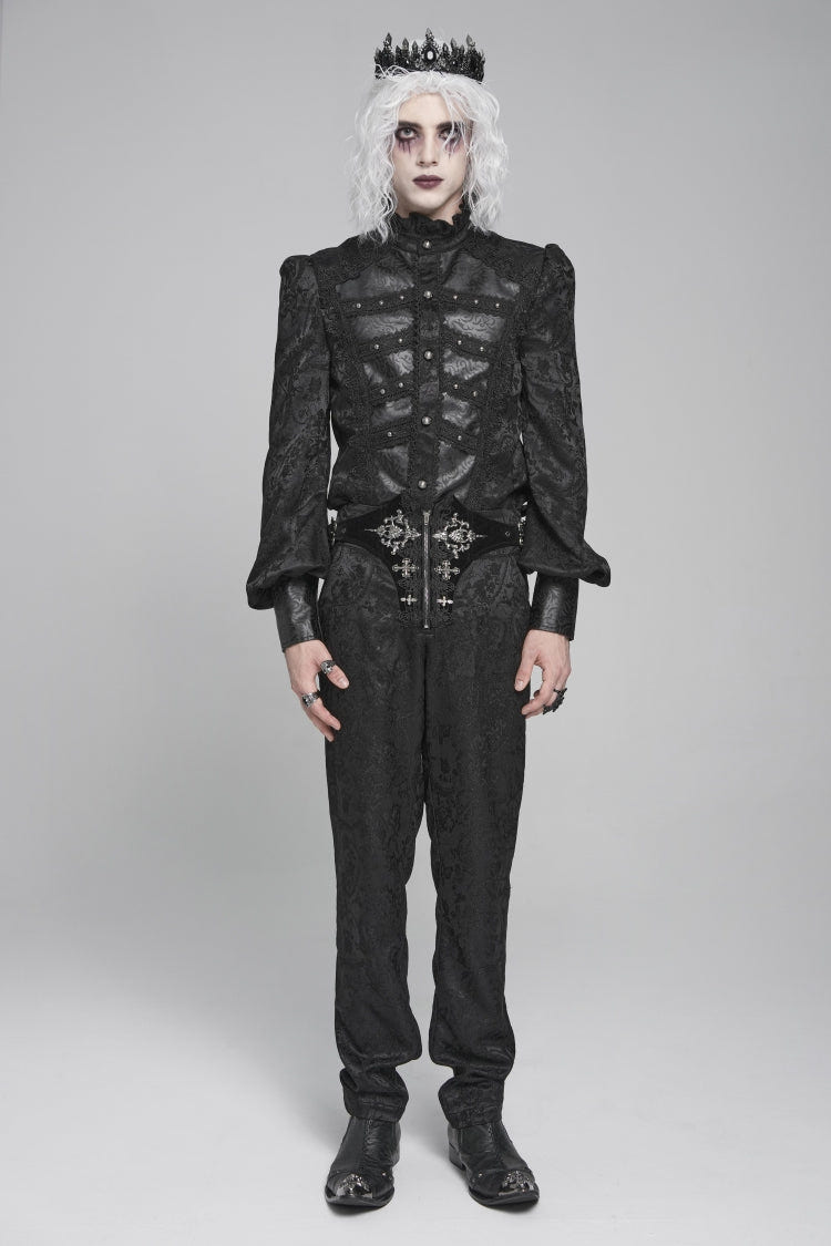 Black Stand Collar Long Lantern Sleeves Floral Print Embroidery Men's Gothic Blouse - Product - 2