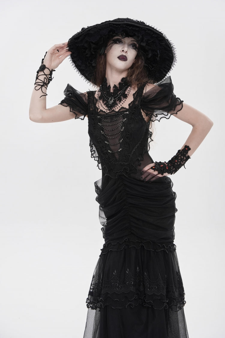 Black Off Shoulder Ruffled Cut-Out Lace Pleated Women's Gothic Dress - Product - 8