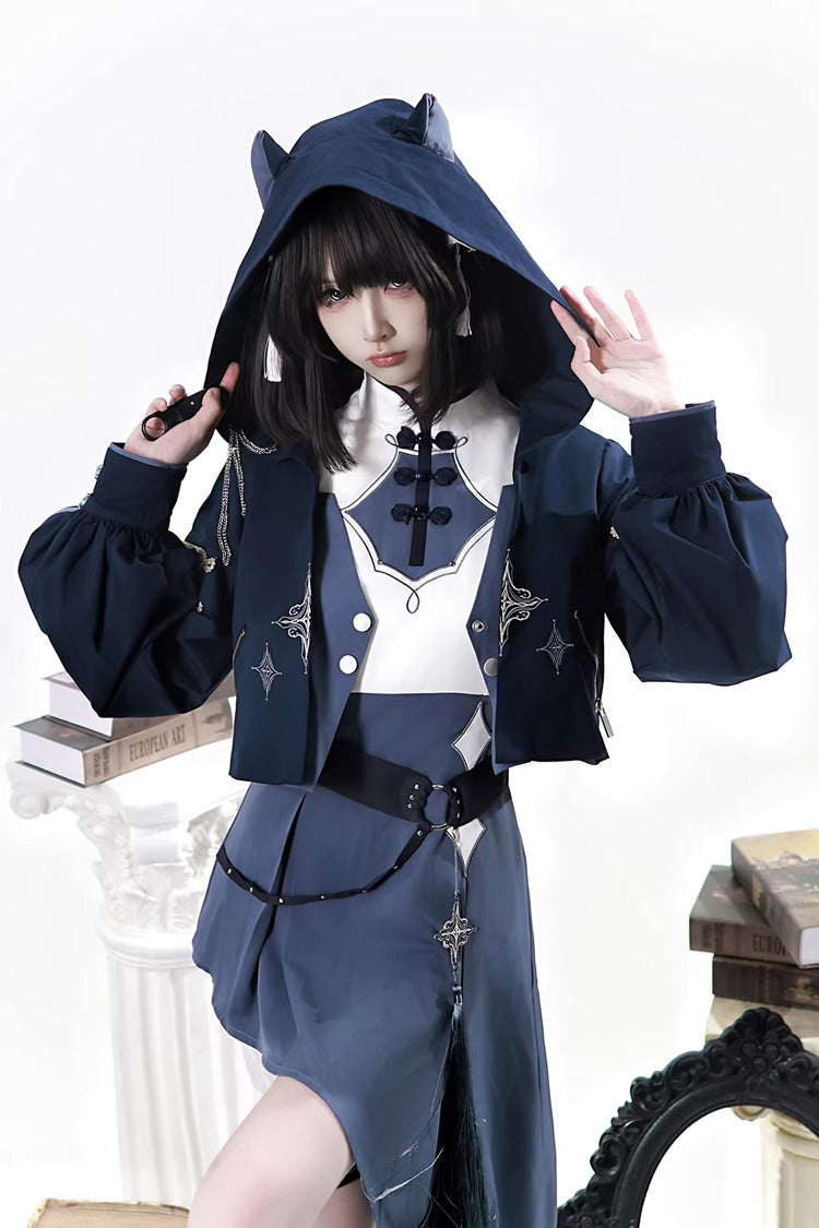 Blue [Indigo Shadow Journey] Stand Collar Long Sleeves Embroidered Hooded Asymmetric Punk Ouji Lolita Dress Four-Piece Set - Product - 3