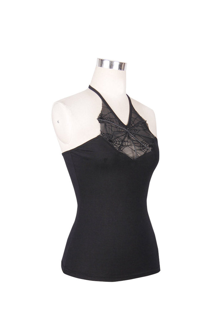 Black Front Chest Spider Web Flocking Printing Mesh Tight Halter Women's Punk Vest - Product - 6