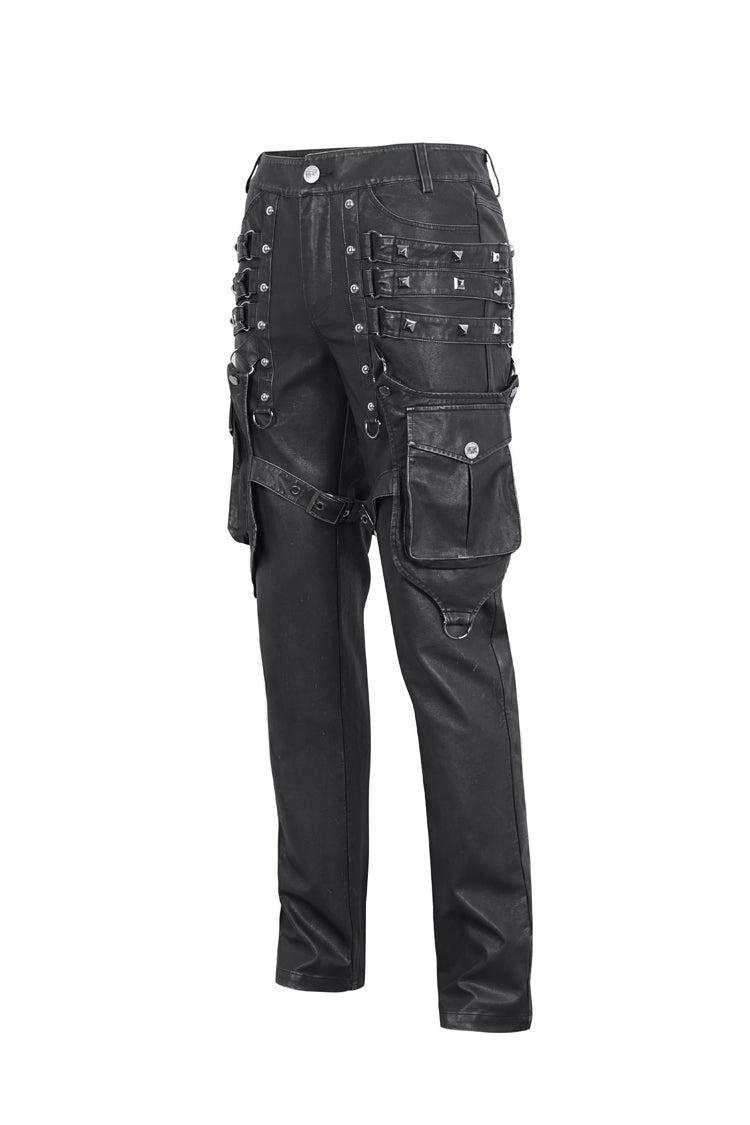 Black Big Pocket Faux Leather Men's Gothic Pants - Product - 6