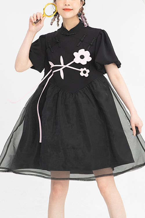 Black Stand Collar Lantern Short Sleeves Floral Print Organza Panel Sweet Lolita Dress - Black - 1