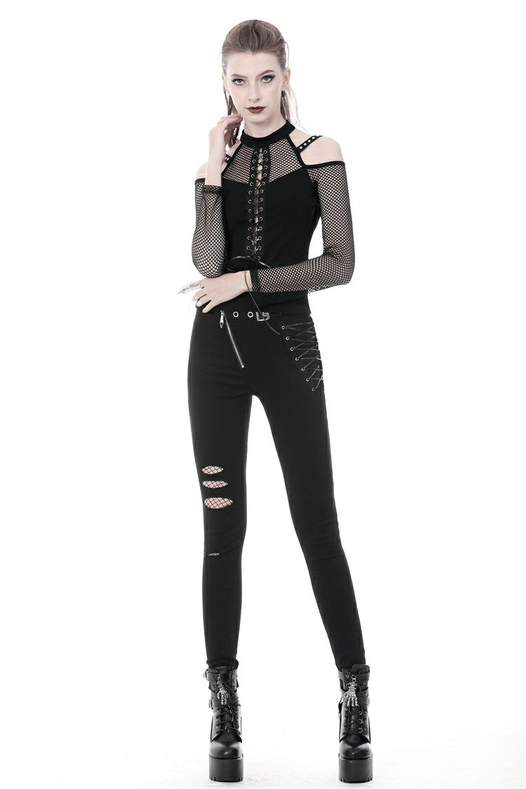 Black Off Shoulder Long Sleeves Lace-Up Mesh Women's Punk Top - Product - 7