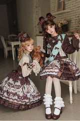 Brown [Teddy Bear Chocolate] Sleeveless Print Ruffle Bowknot Sweet Lolita Jsk Dress - Product - 6