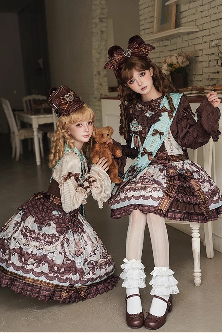 Brown [Teddy Bear Chocolate] Sleeveless Print Ruffle Side Cardigan Bowknot Asymmetric Sweet Lolita Strap Dress - Product - 7